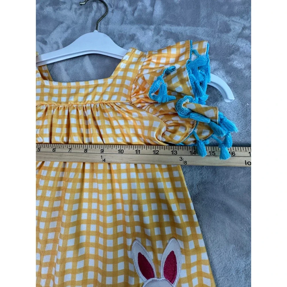 Girls XS‎ Yellow Gingham Dress Bunny Applique Tassel Sleeves Spring Easter 3T